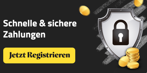 Silbernes Schutzschild mit Schloss neben goldenen Münzen und Registrierungsbutton