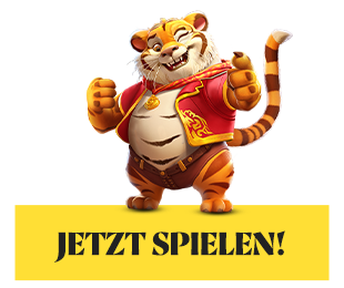 Fröhlicher Tigercharakter in roter Jacke über gelbem Spielen Button